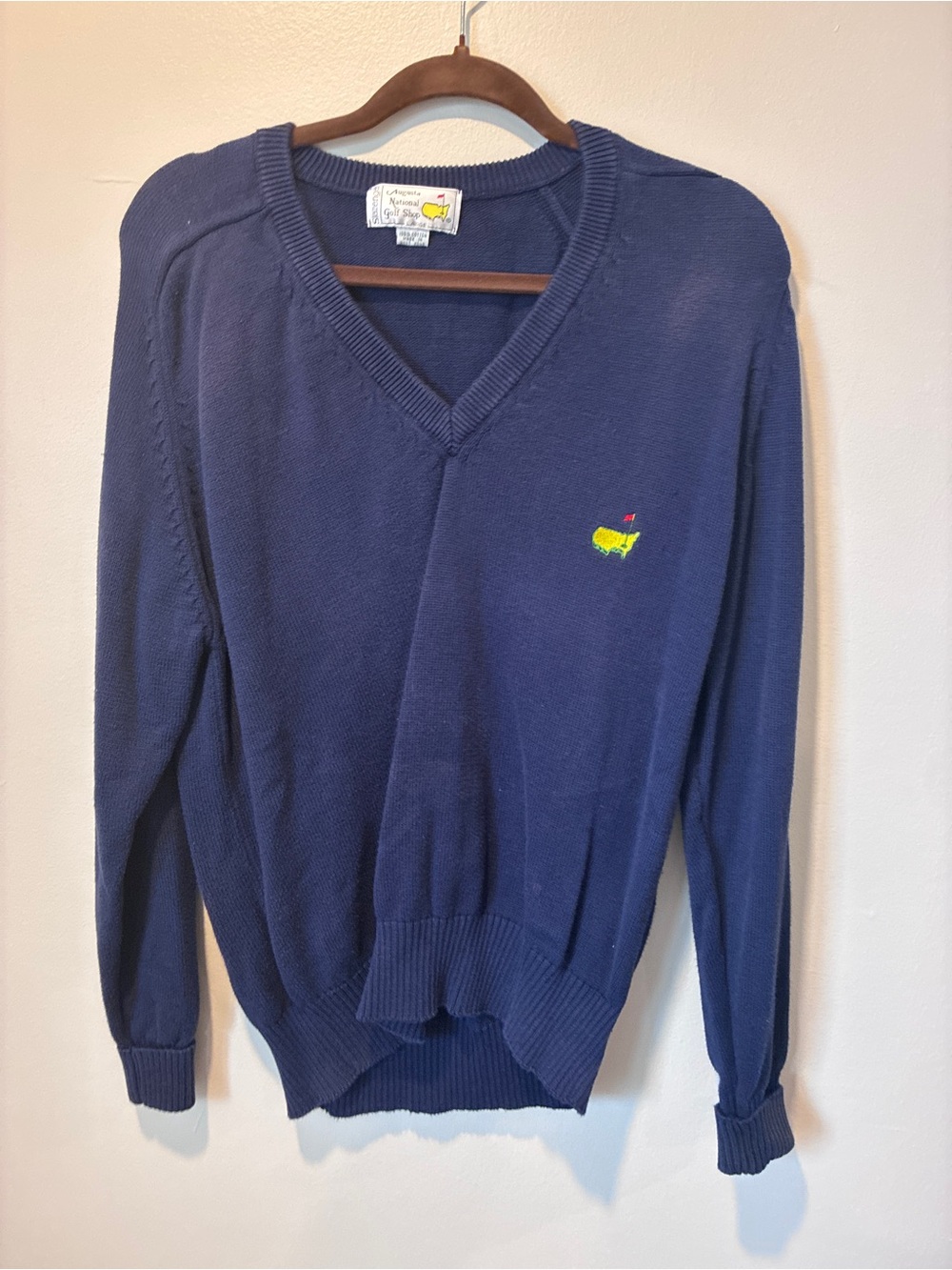 National Golf Vintage Navy V-Neck Sweater with Embroidered Logo - Men's
